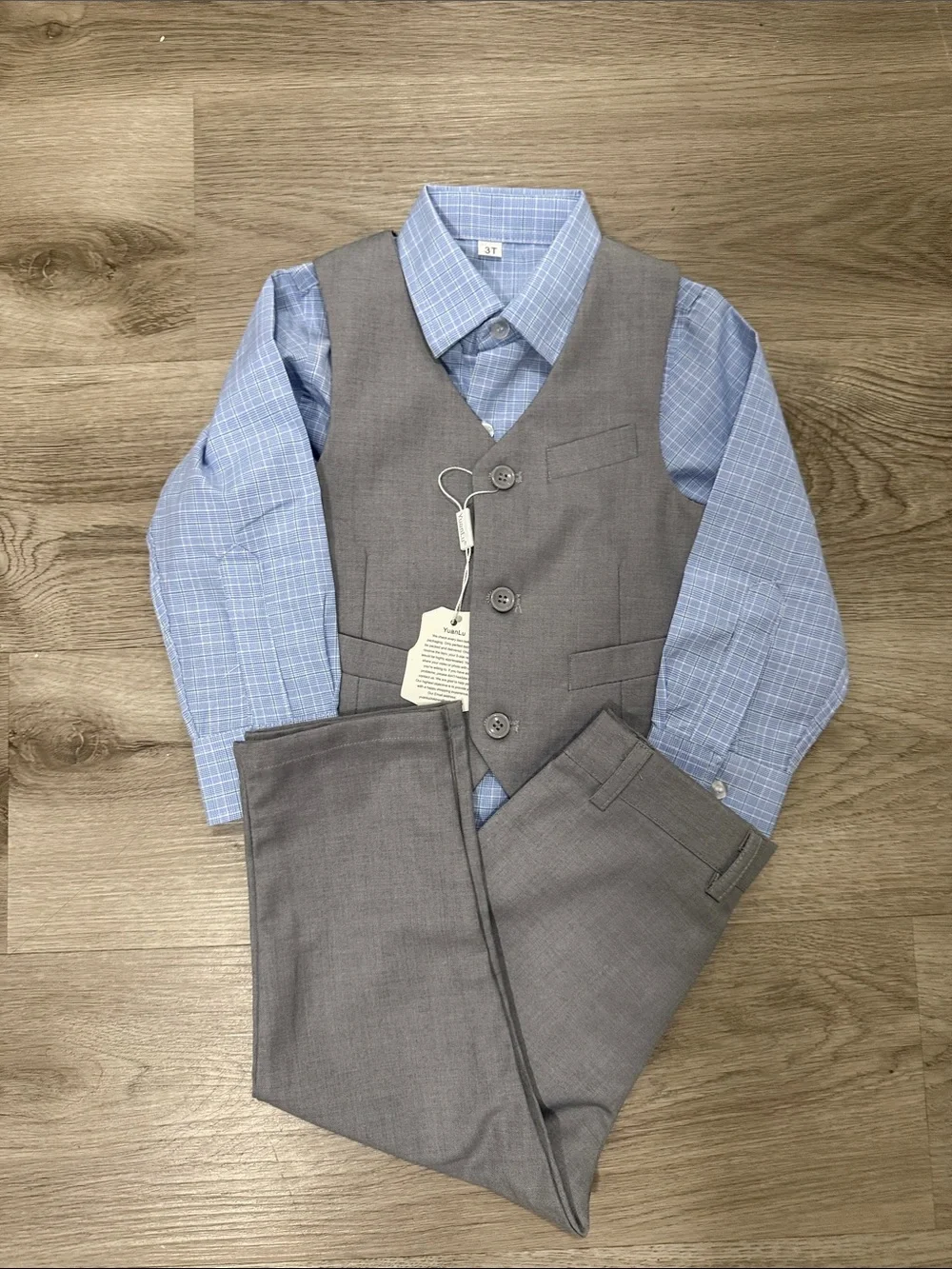Boys 3 piece size 3T gray suit with blue plaid button down shirt